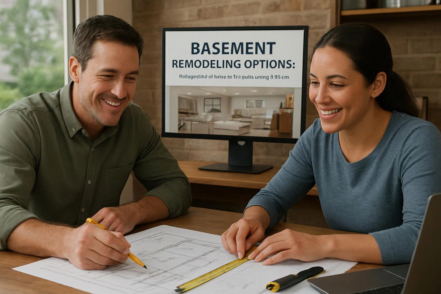 advertising photography of environmental still life in a real workspace where "Basement Remodeling Options