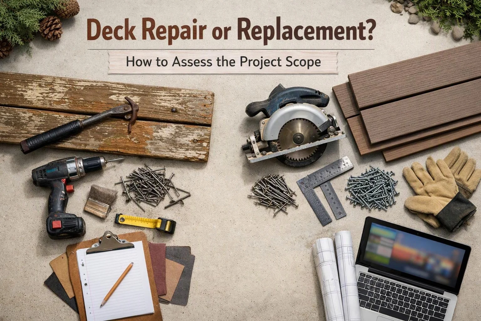 Aerial top-down flat-lay photograph of a clear visual metaphor illustrating what "Deck Repair or Replacement