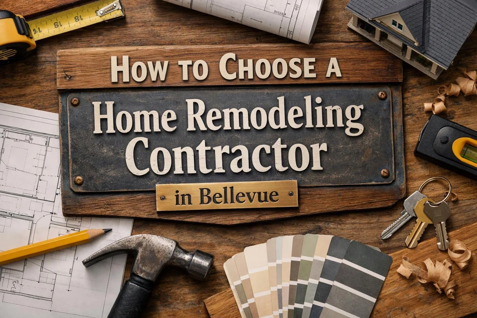 A tabletop layout shows remodeling tools, floor plans, paint swatches