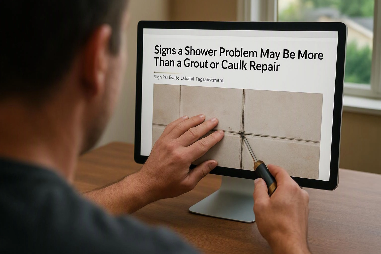 A person studies a computer screen showing a shower repair article and a close-up of cracked tile grout