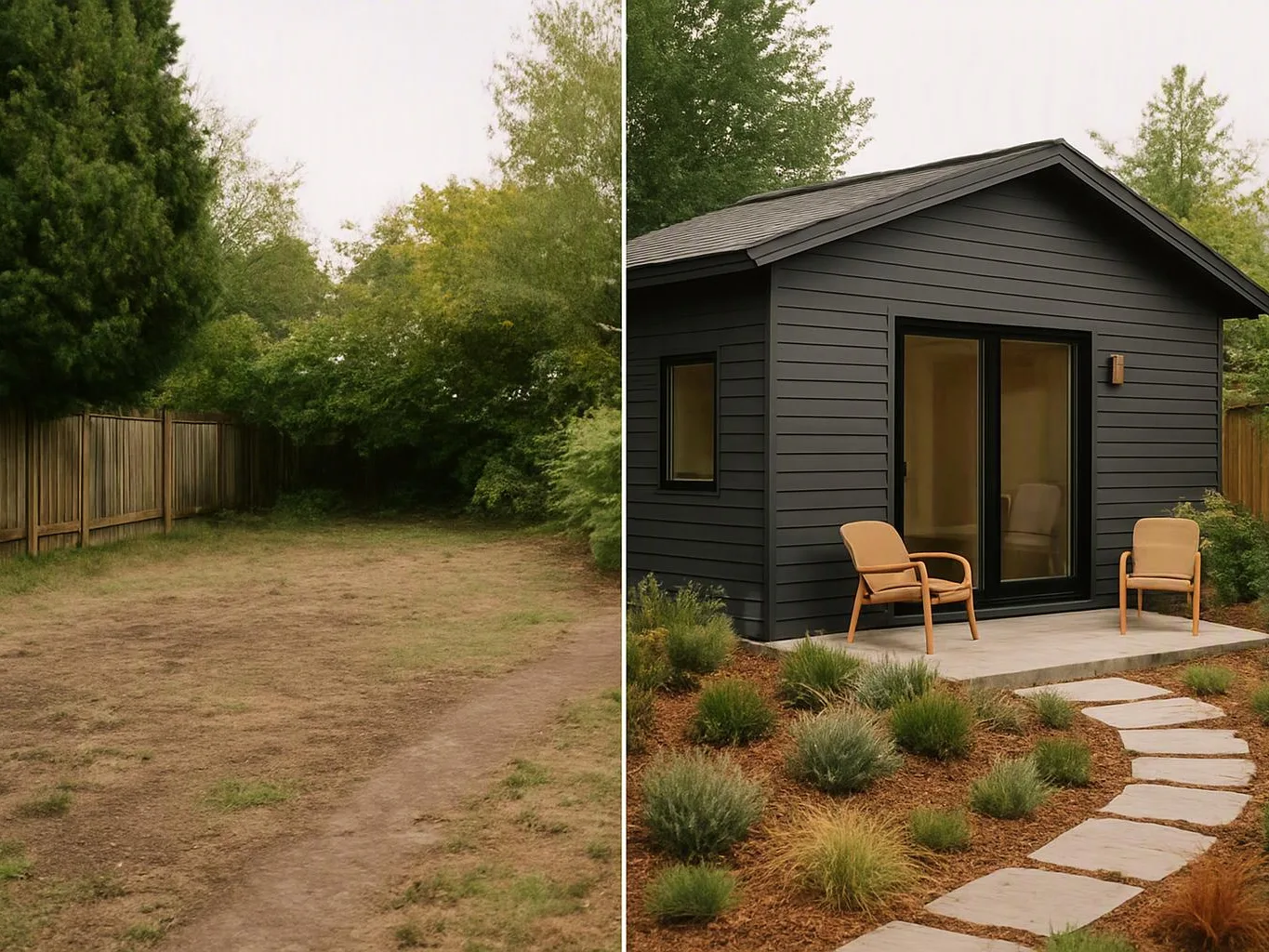 A bare yard with a fence and trees is shown beside a small dark cabin with chairs and a stone path