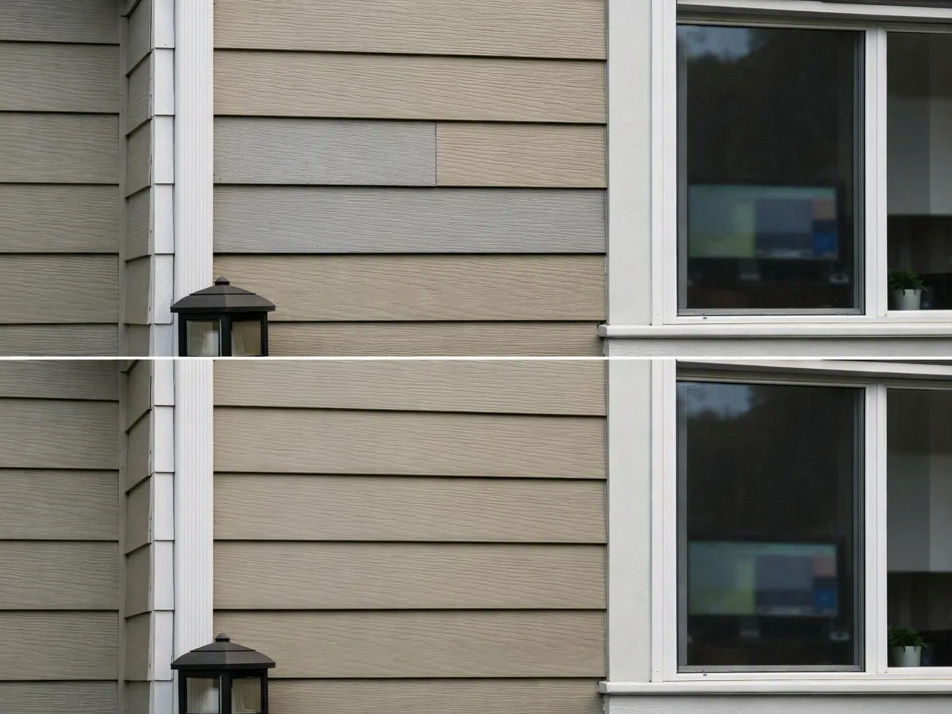 Beige house siding and two dark windows beside a black wall lantern and white trim