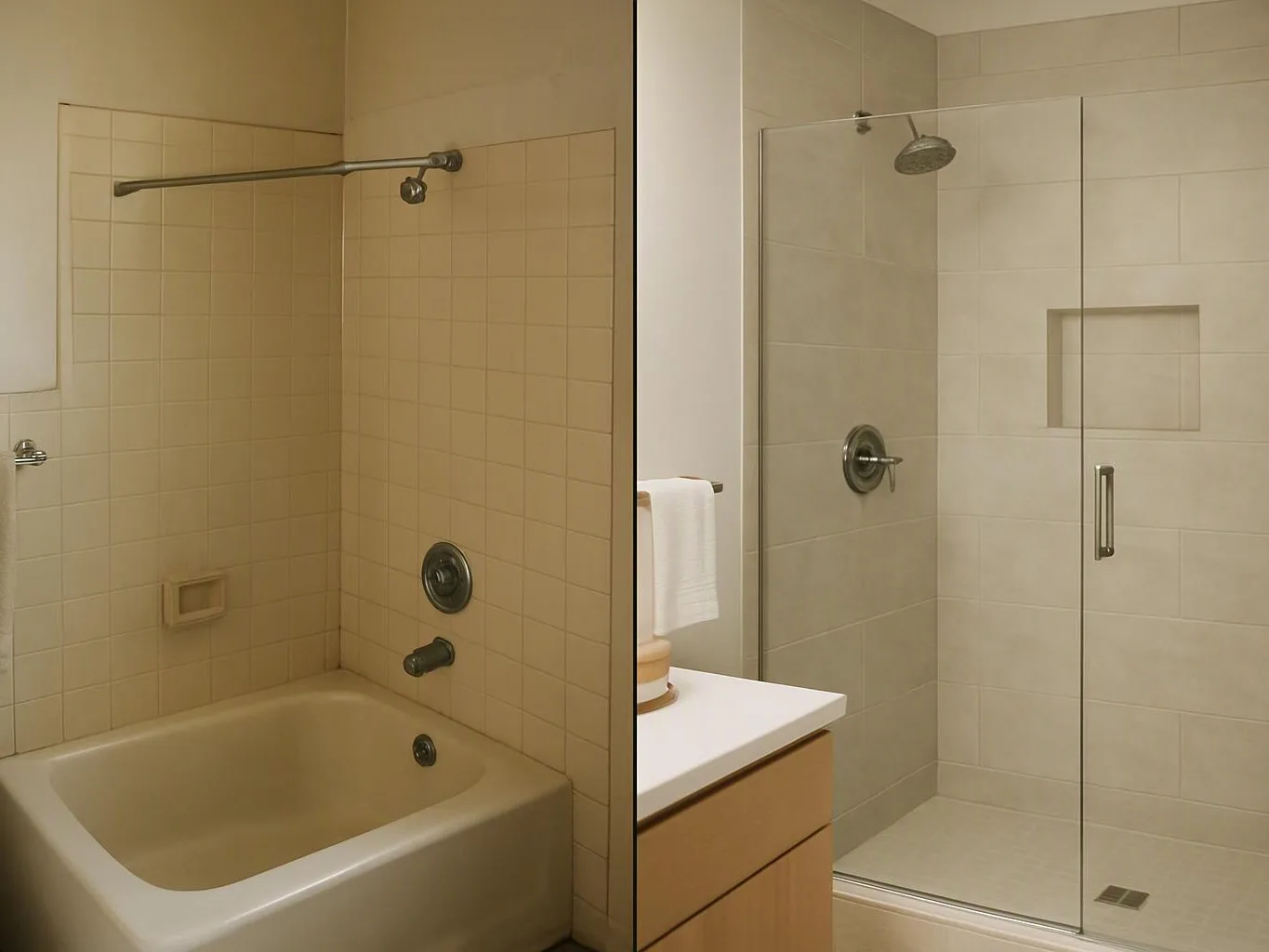 A beige tiled bathroom shows a bathtub shower on the left and a glass walk-in shower on the right