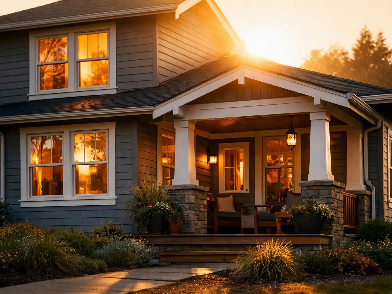 A blue-gray house with glowing windows and a lit porch sits at sunset