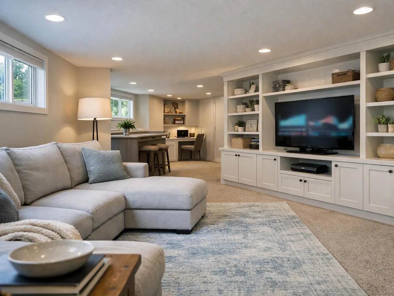 A bright basement living room shows a gray sectional, TV wall, built-in shelves, and a small desk area