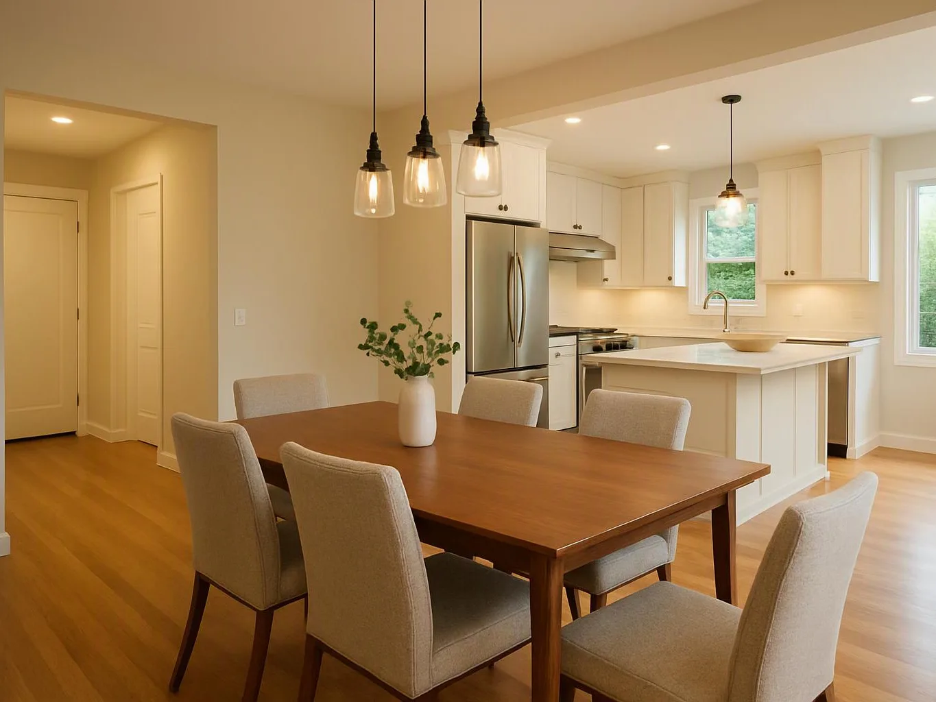 A bright modern kitchen and dining area shows a wooden table, six beige chairs, pendant lights, and white cabinets