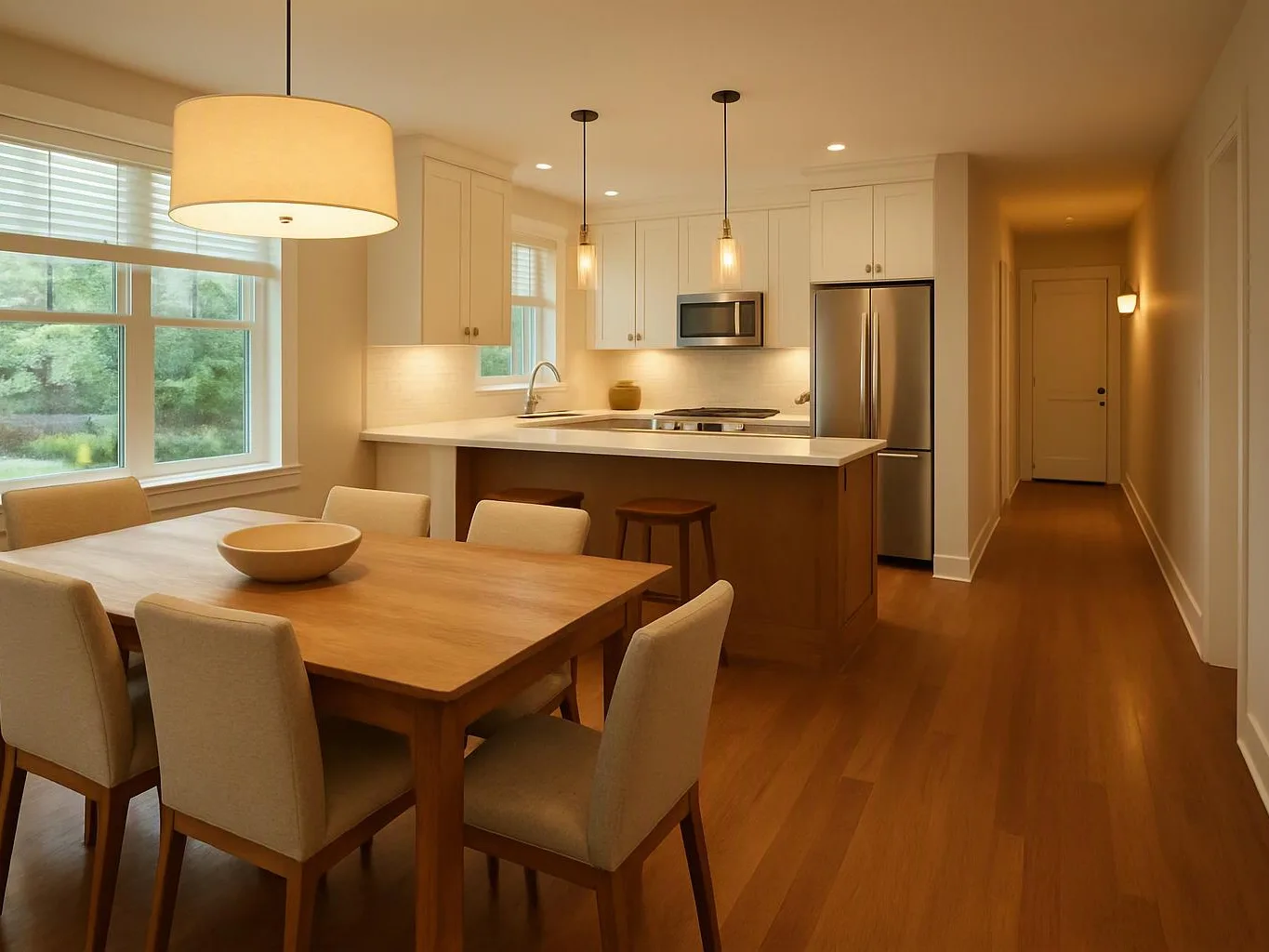 A bright modern kitchen and dining area shows a wooden table, beige chairs, white cabinets, and stainless appliances