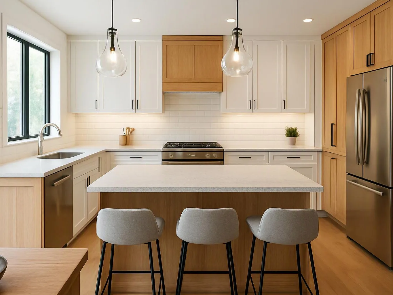 Bright modern kitchen with a large island, three stools, pendant lights, white cabinets, and stainless appliances