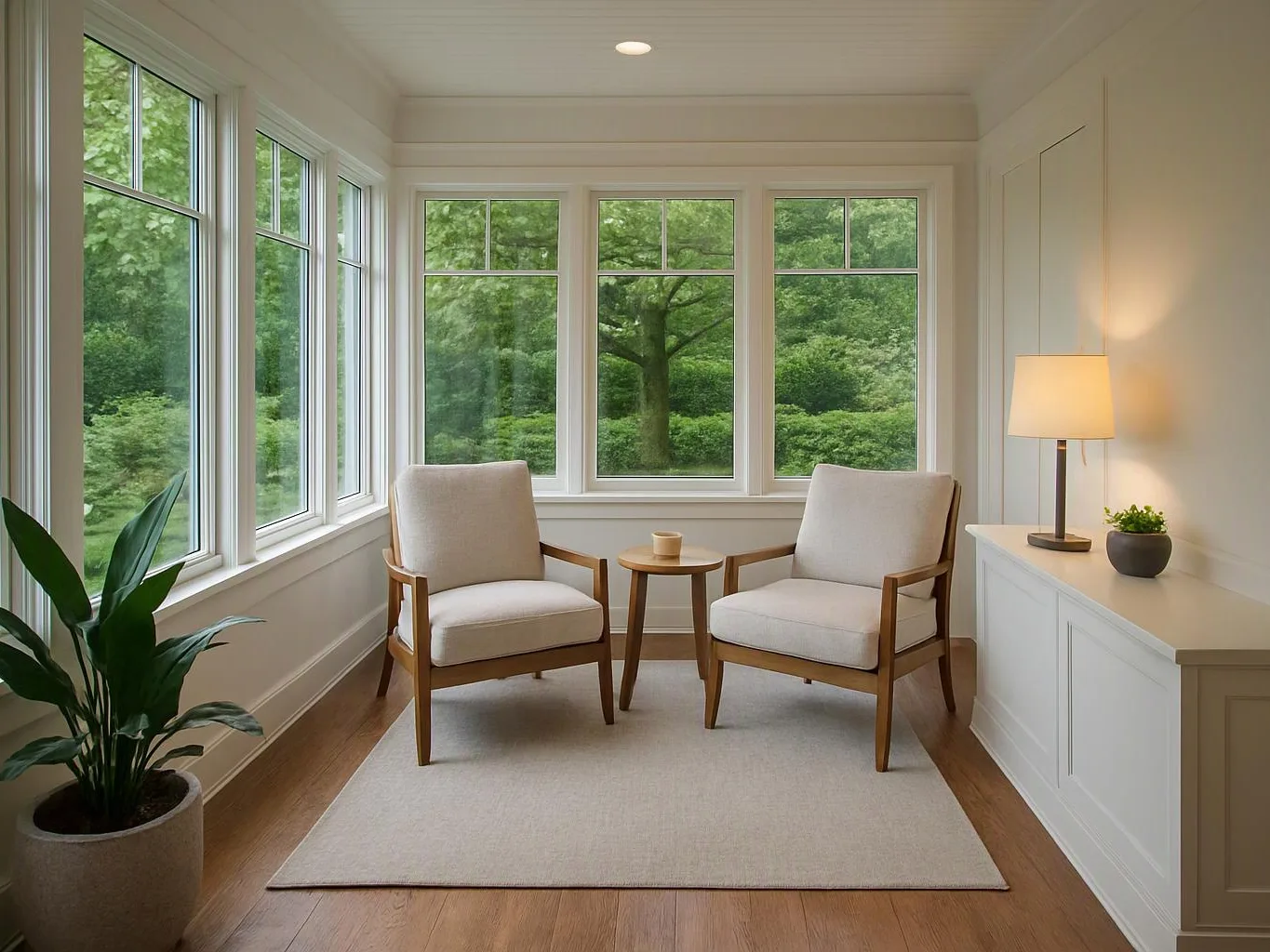 A bright sitting room has two beige chairs, a small table, a lit lamp, and green trees outside the windows