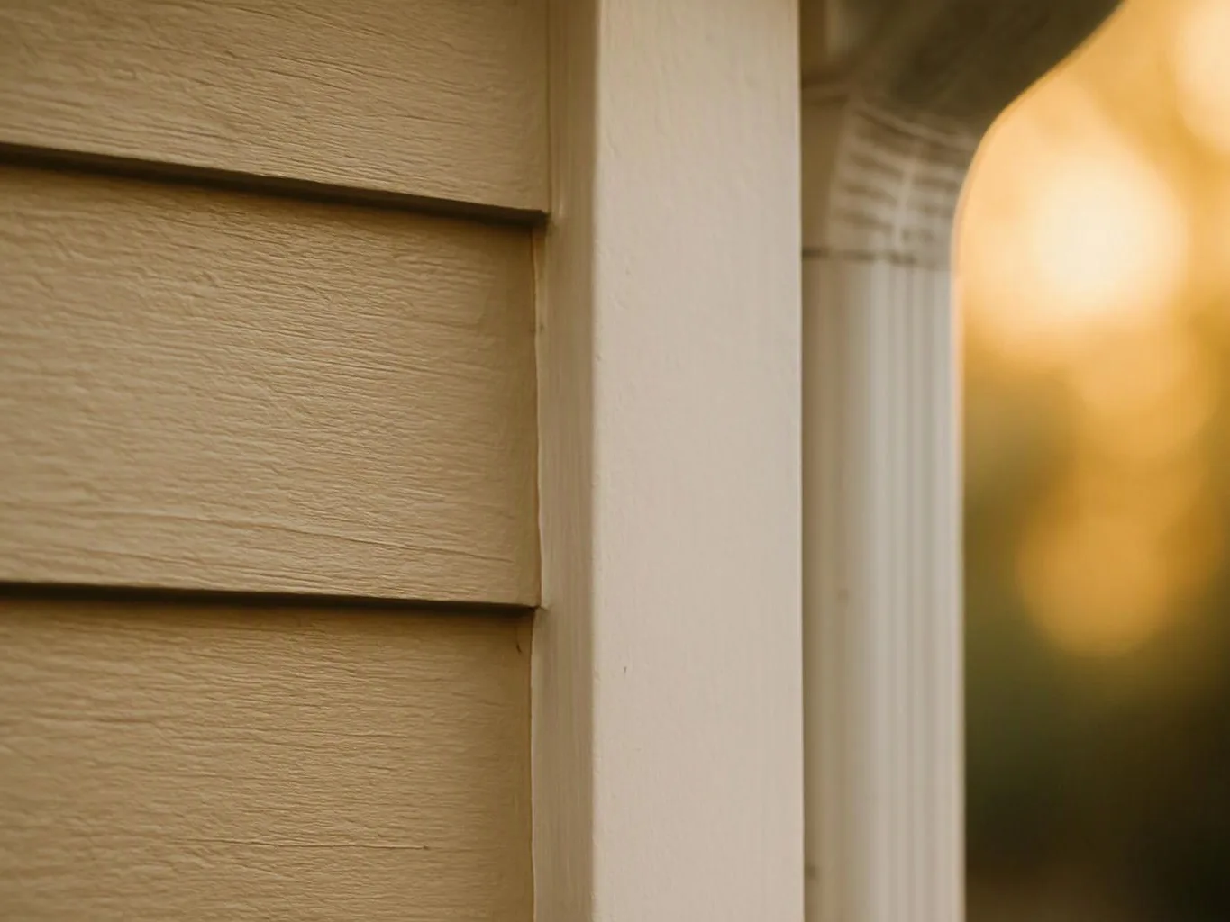 Close-up of beige house siding beside a white window frame with warm blurred light in the background