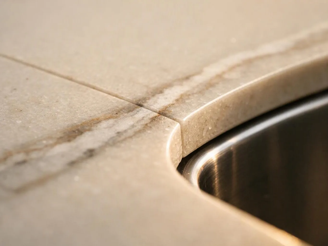 Close-up of a beige stone countertop edge beside a shiny stainless steel sink opening