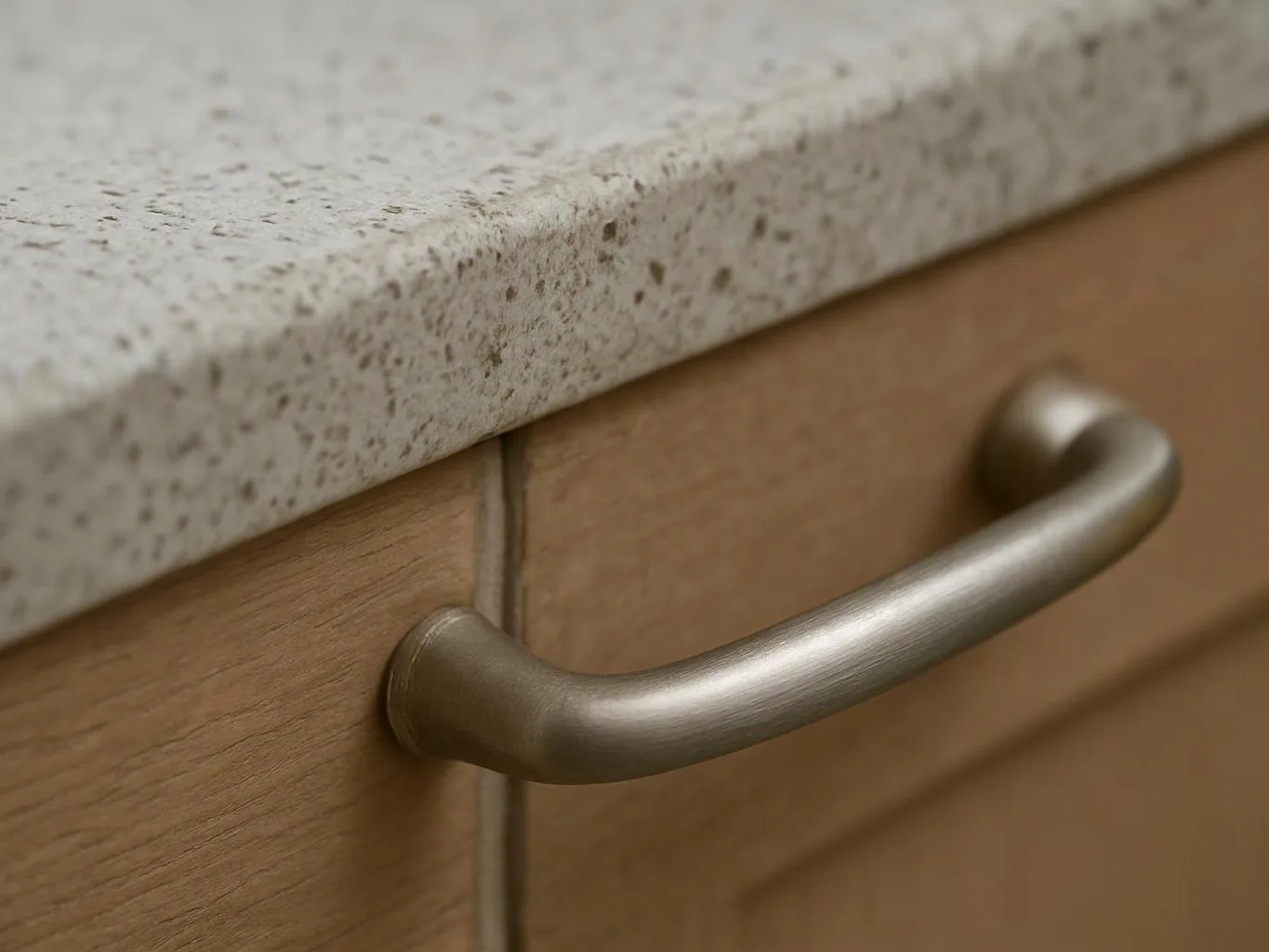 Close-up of a brushed metal cabinet handle on a wood drawer beneath a speckled countertop