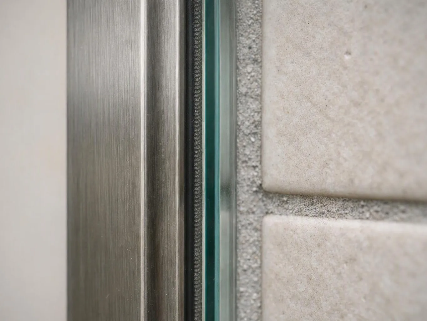 Close-up of a glass panel edge beside brushed metal and textured tile wall