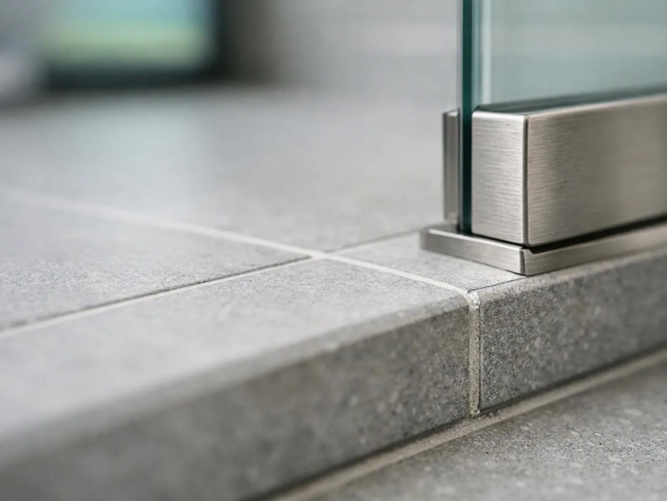 Close-up of a glass panel mounted in a brushed metal bracket on gray tiled flooring