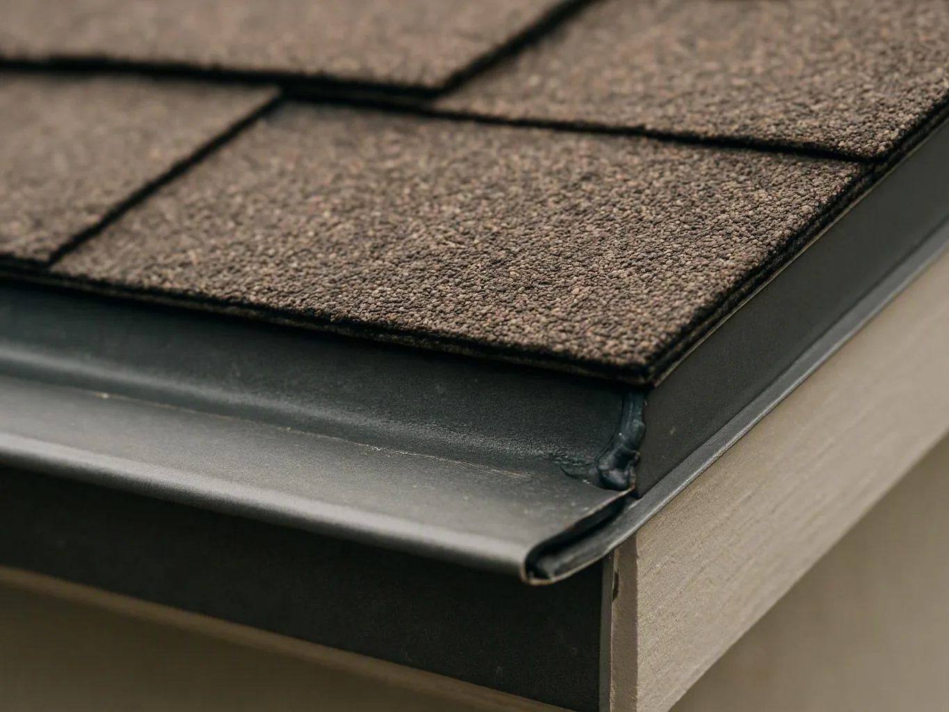 Close-up of layered roof shingles above a black metal edge and beige siding
