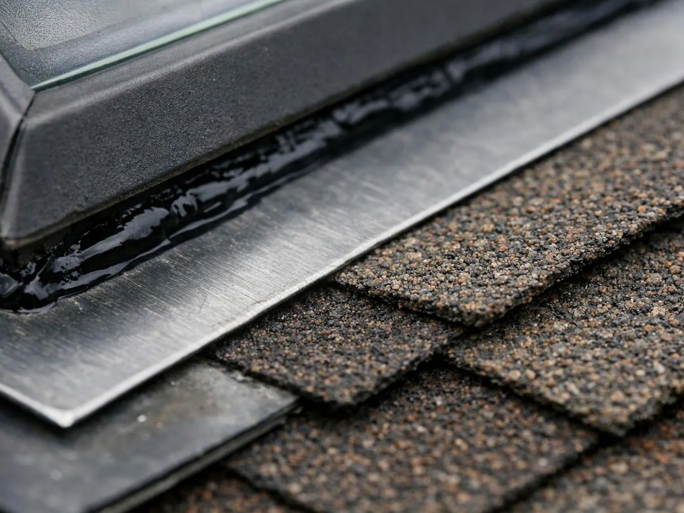 Close-up of roof shingles meeting a metal flashing strip under a window edge