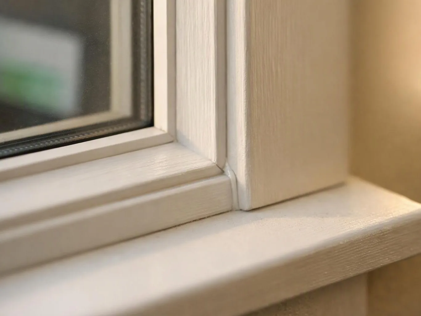 Close-up of a white painted window frame and sill beside a beige wall