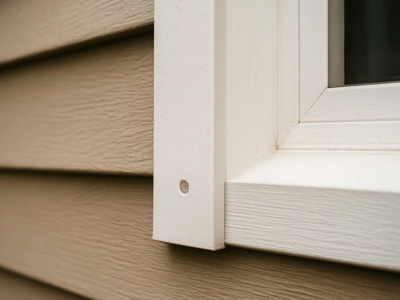 Close-up of a white window frame against beige siding, showing a corner joint and mounting hole
