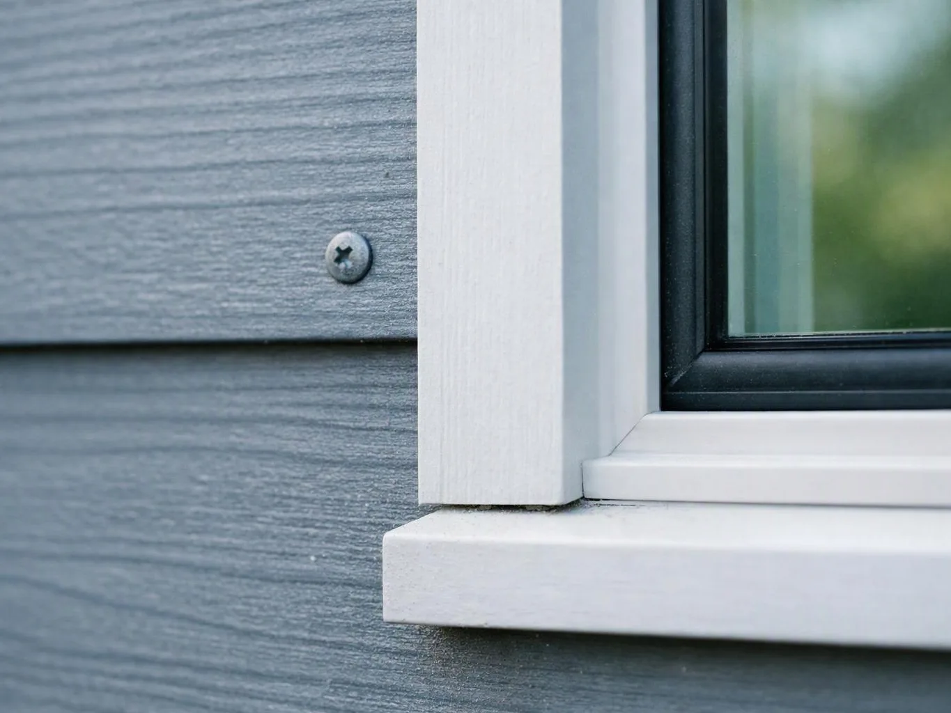 Close-up of a white window frame beside gray siding with a visible screw and glass pane