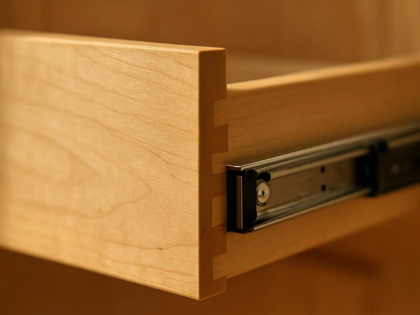 Close-up of a wooden drawer joint with a metal slide attached on the right