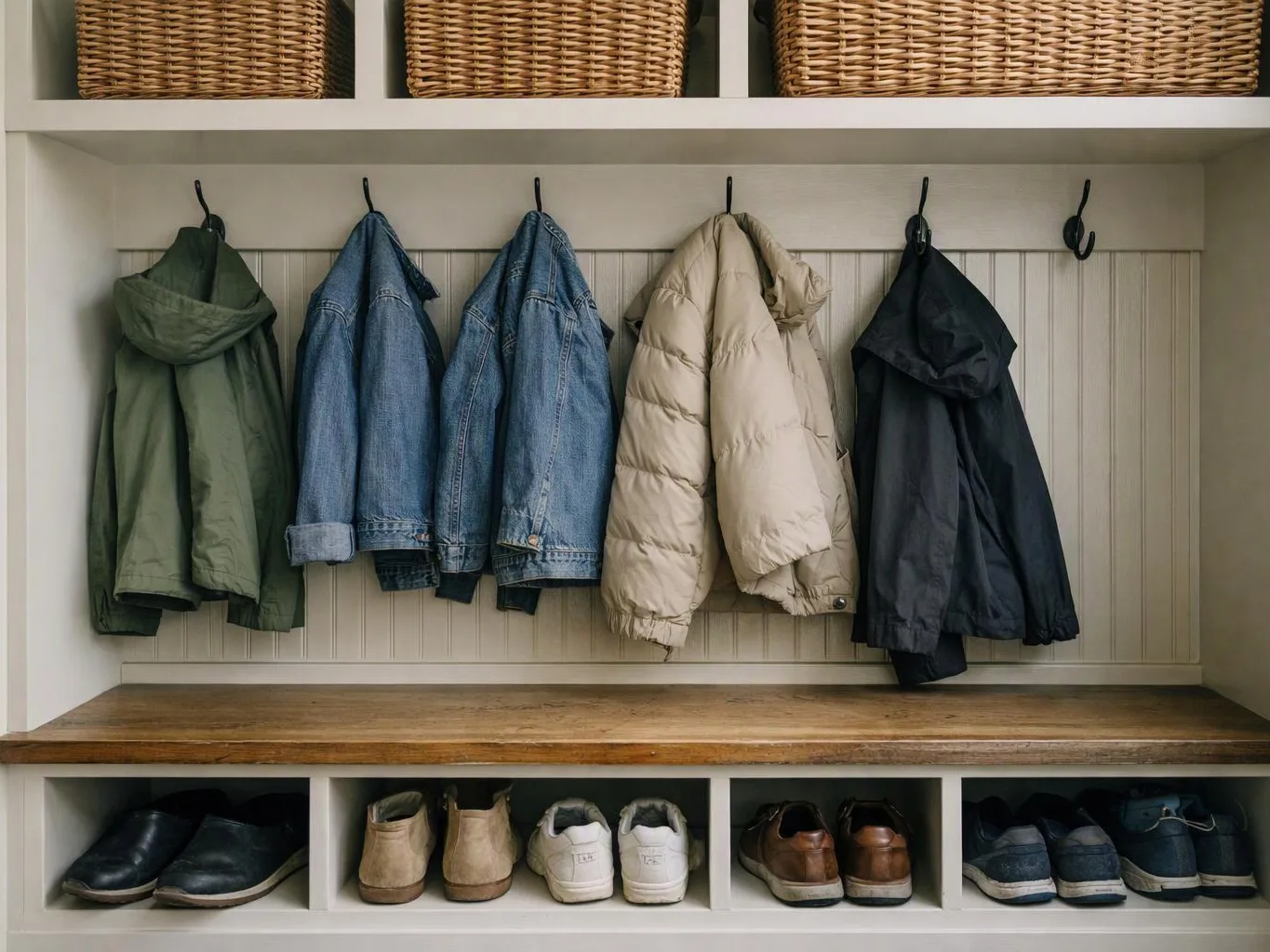 Coats hang on hooks above a wooden bench, with shoes stored in cubbies below