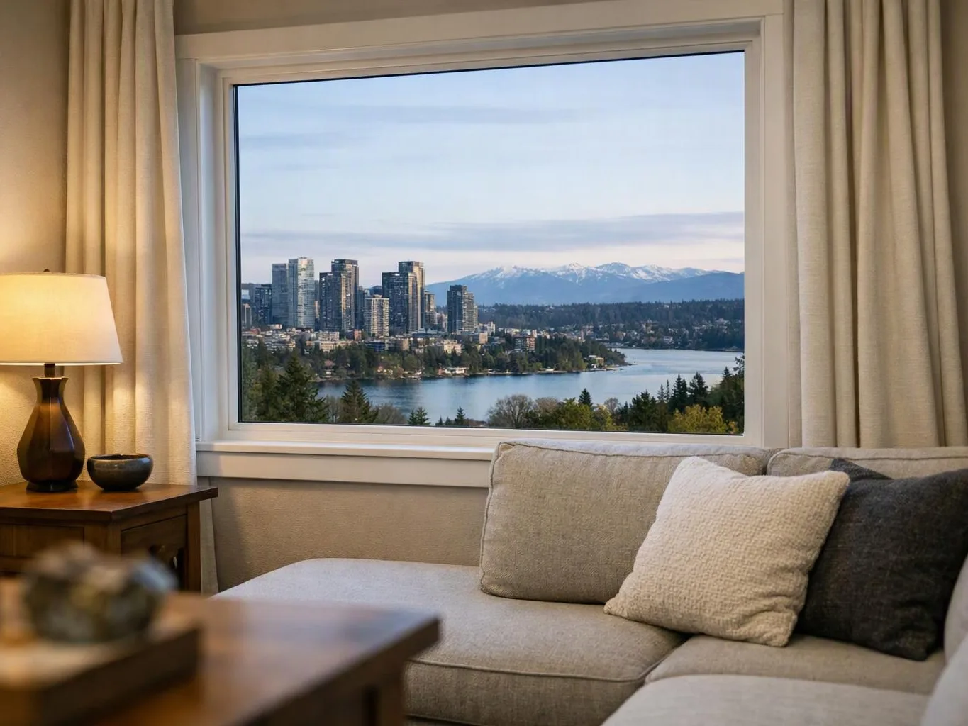 A cozy living room frames a city skyline, lake, and snowy mountains through a large window
