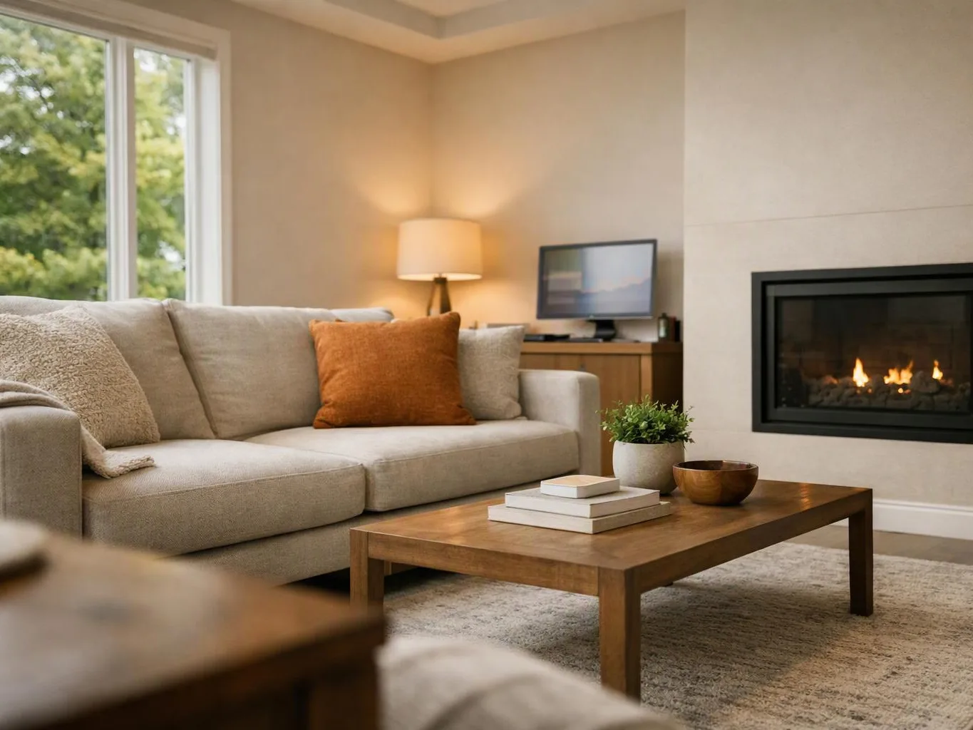 A cozy living room shows a beige sofa, wooden coffee table, lit fireplace, and lamp beside a window