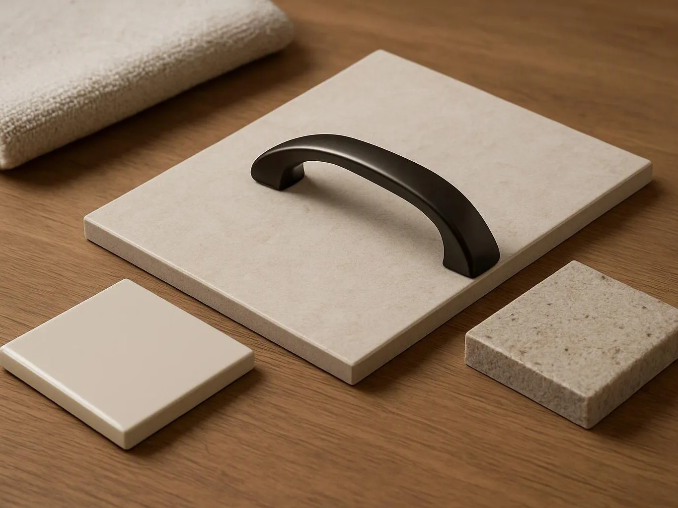 A dark curved handle sits on a beige tile, with two sample tiles on a wooden tabletop