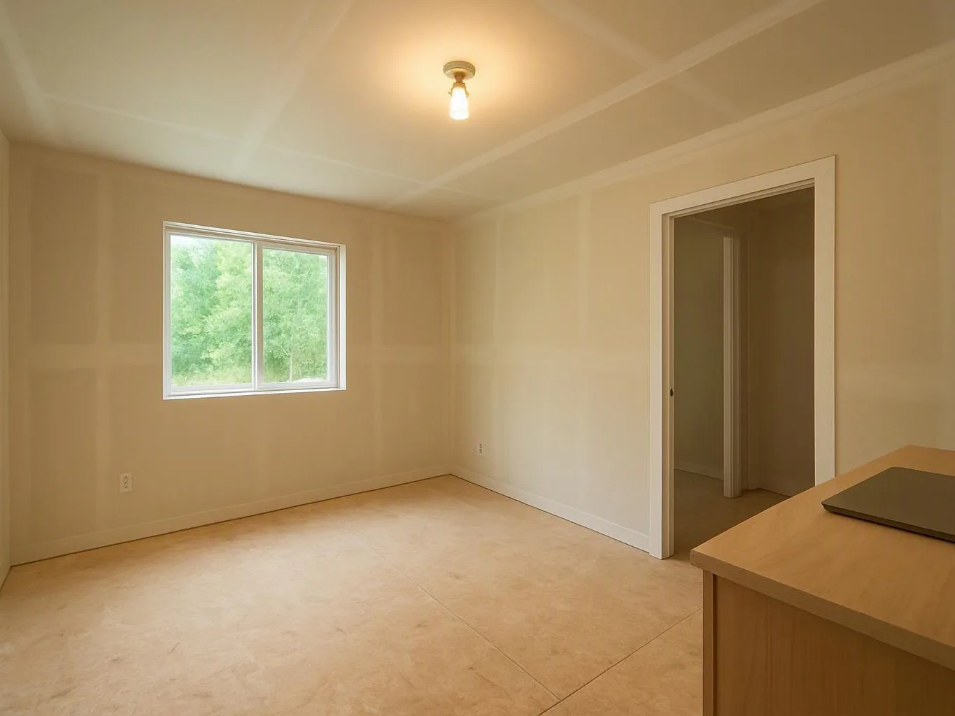 An empty beige room with a window, open doorway, and bare light bulb, plus a small wooden desk in front