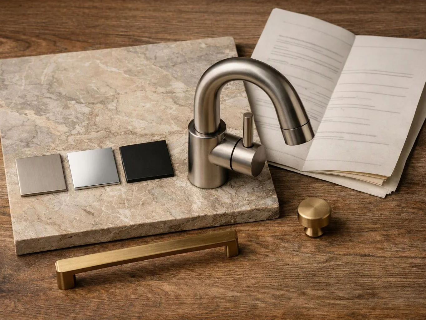 A faucet, cabinet hardware samples, and an open booklet sit on a wooden tabletop