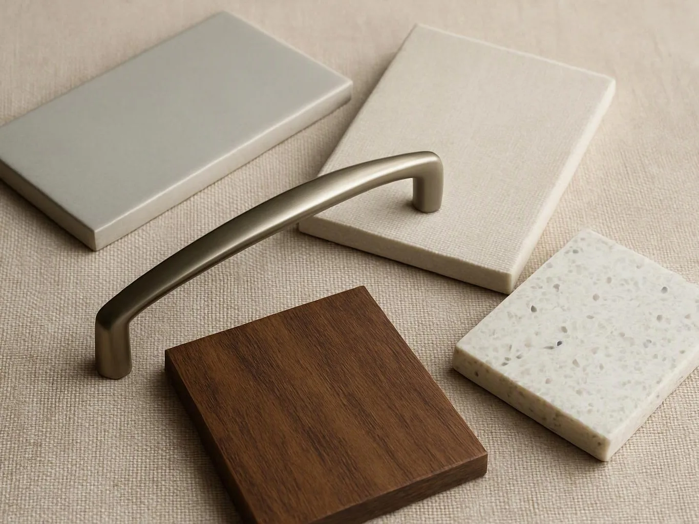 Five sample tiles and a curved metal handle rest on a beige fabric surface