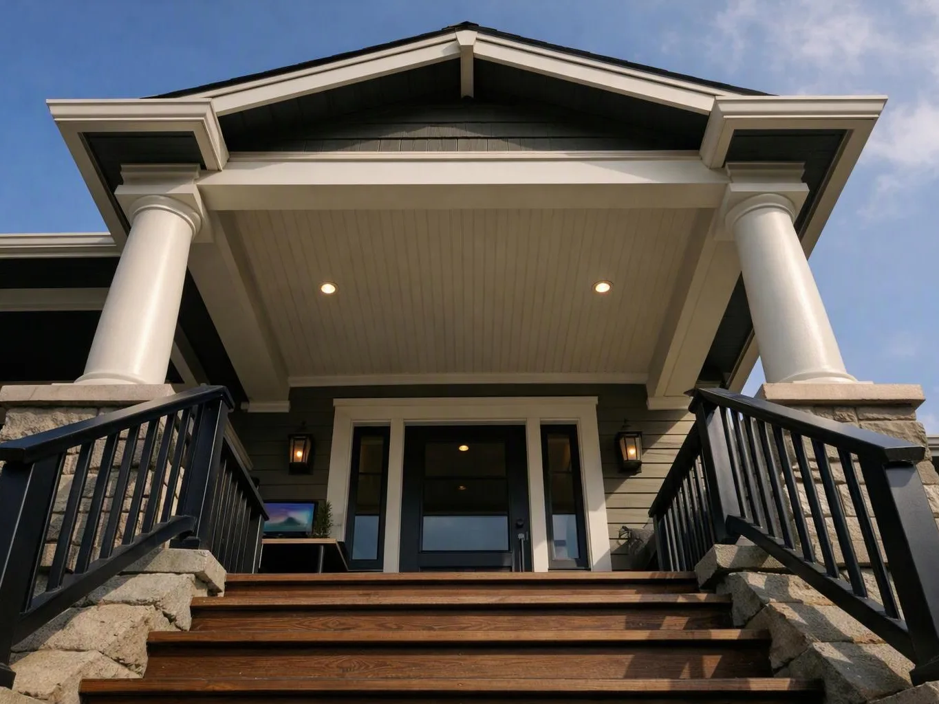 A front porch with wide wooden steps, black railings, white columns, and a dark entry door under a peaked roof