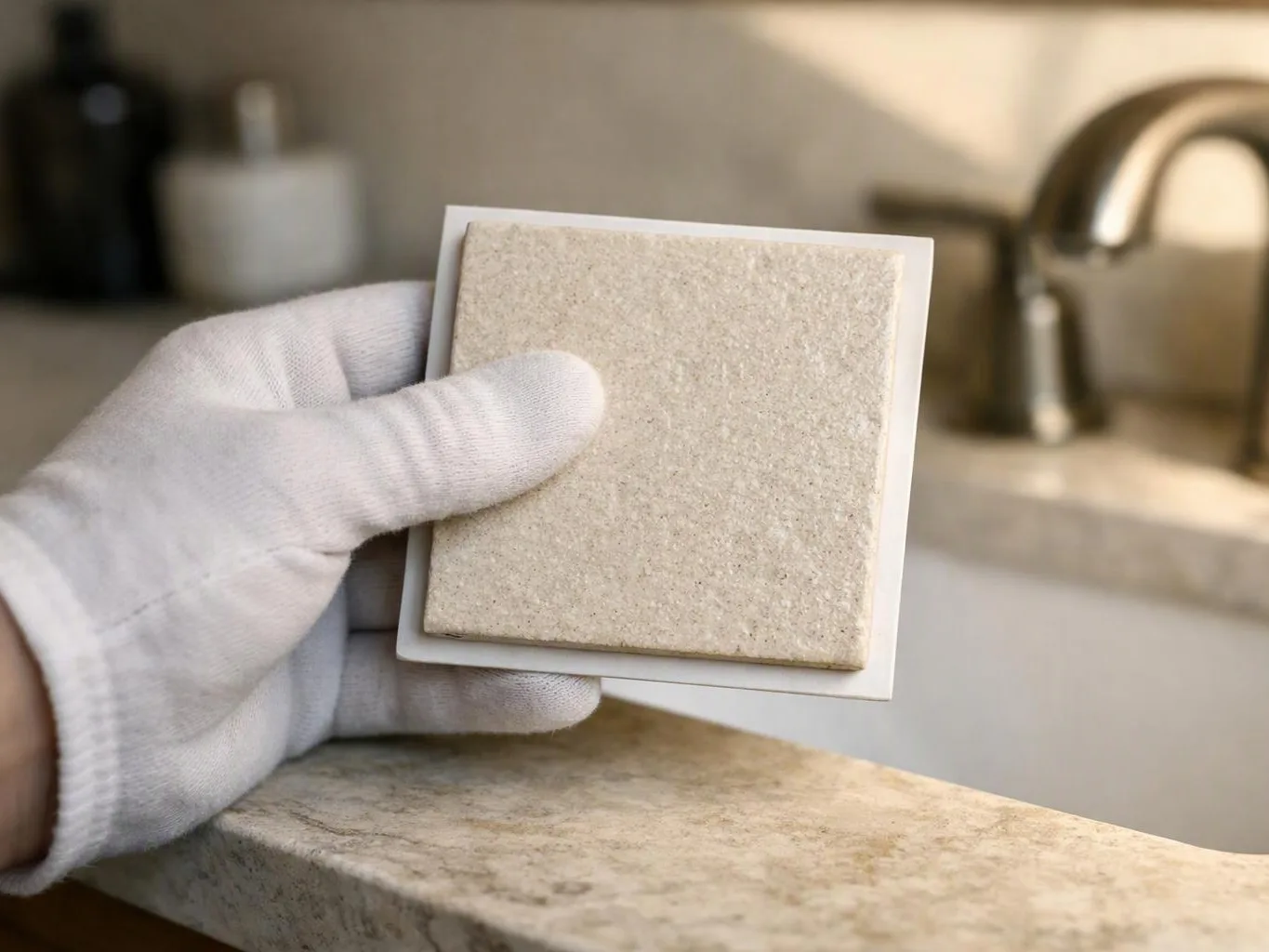 A gloved hand holds a beige square tile sample in a sink area