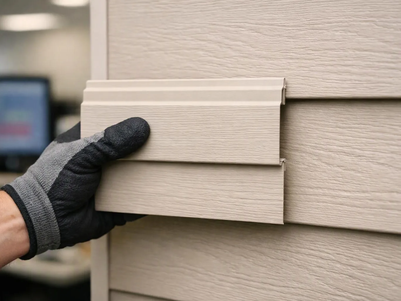 A gloved hand holds a beige vinyl siding sample against matching wall panels outdoors
