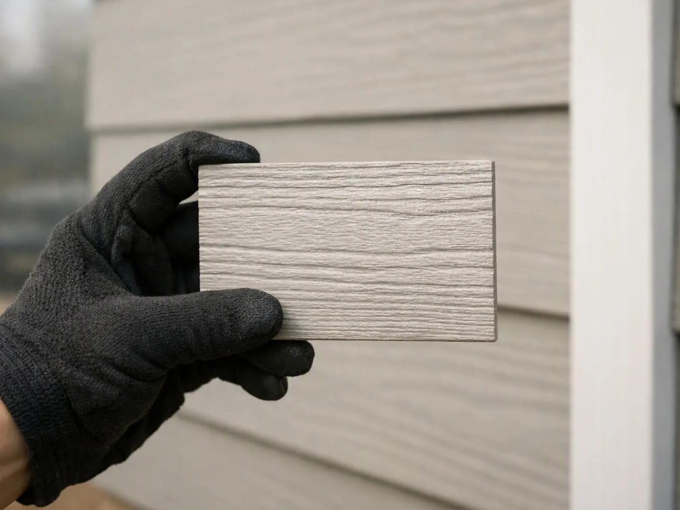 A gloved hand holds a light gray wood sample against matching siding panels