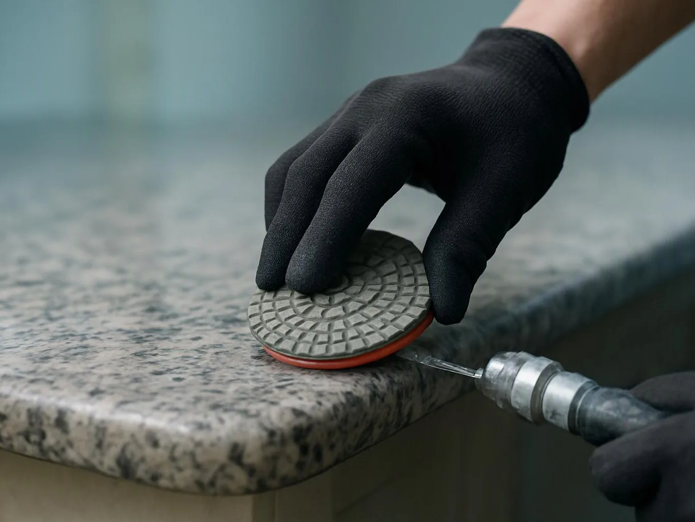 A gloved hand holds a round abrasive pad while a drill works along the edge of a speckled stone countertop