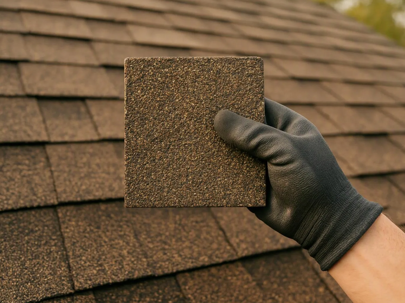 A gloved hand holds a square asphalt shingle over a shingled roof backdrop