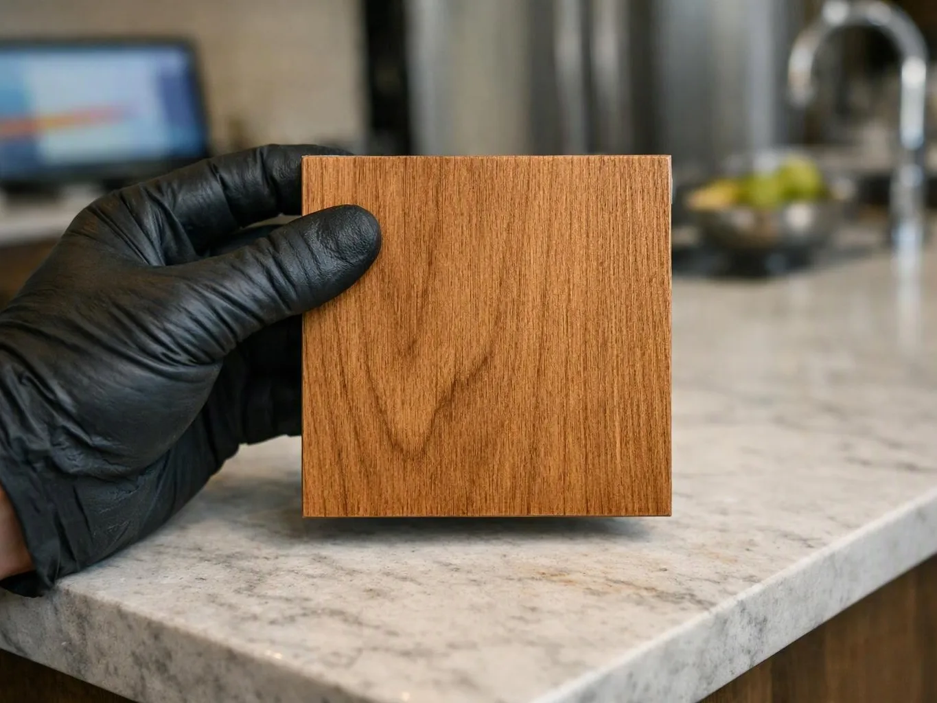 A gloved hand holds a square wood sample over a kitchen countertop with a blurred sink in back