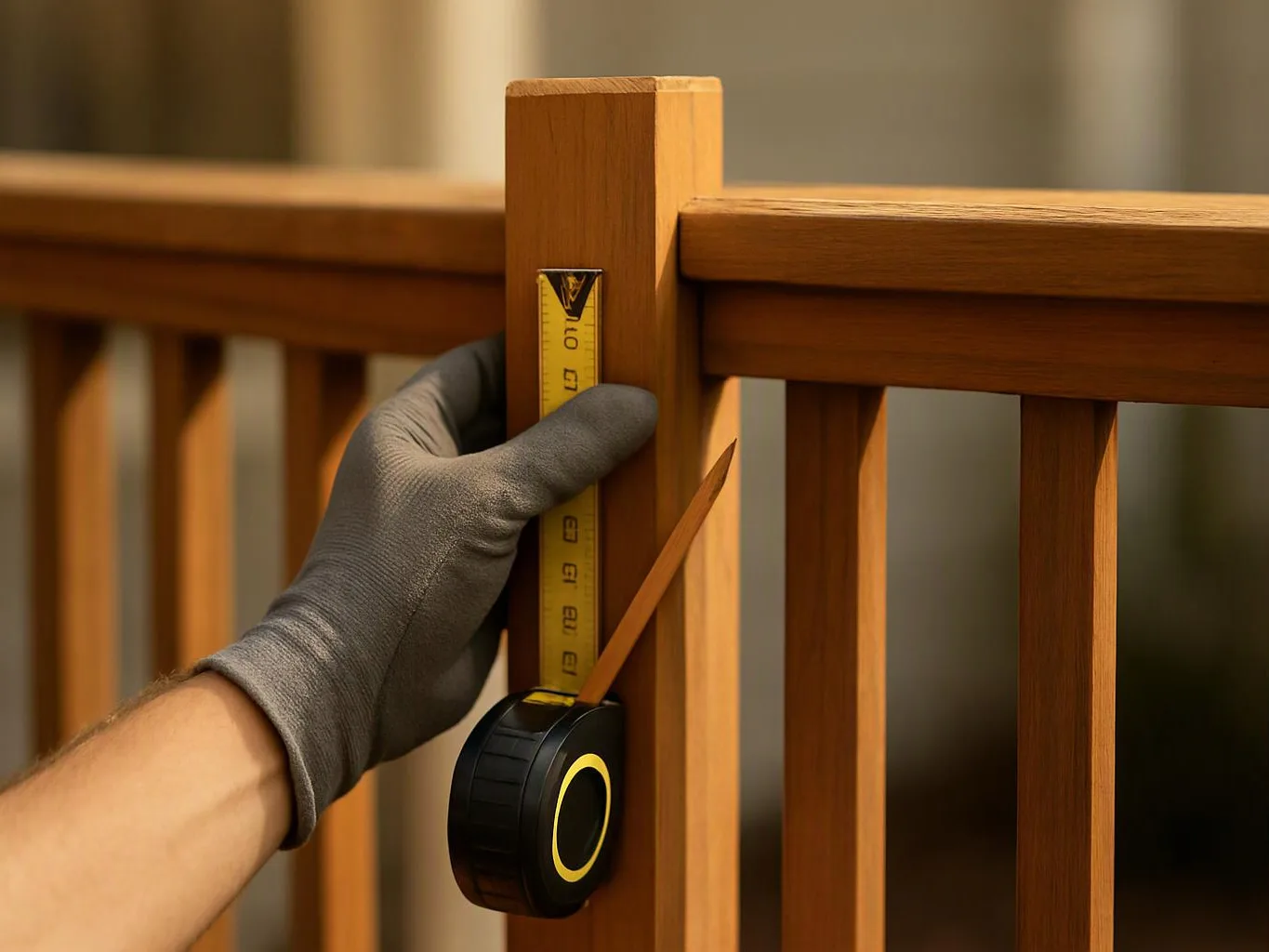 A gloved hand holds a tape measure against a wooden railing post indoors