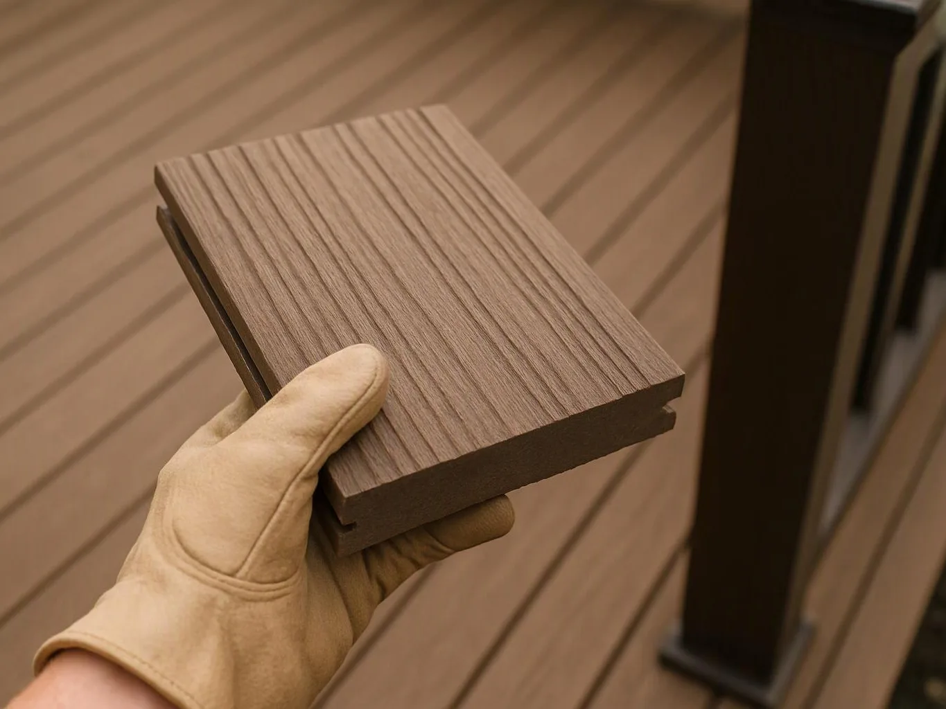 A gloved hand holds two brown wood deck boards beside a matching wooden railing outdoors
