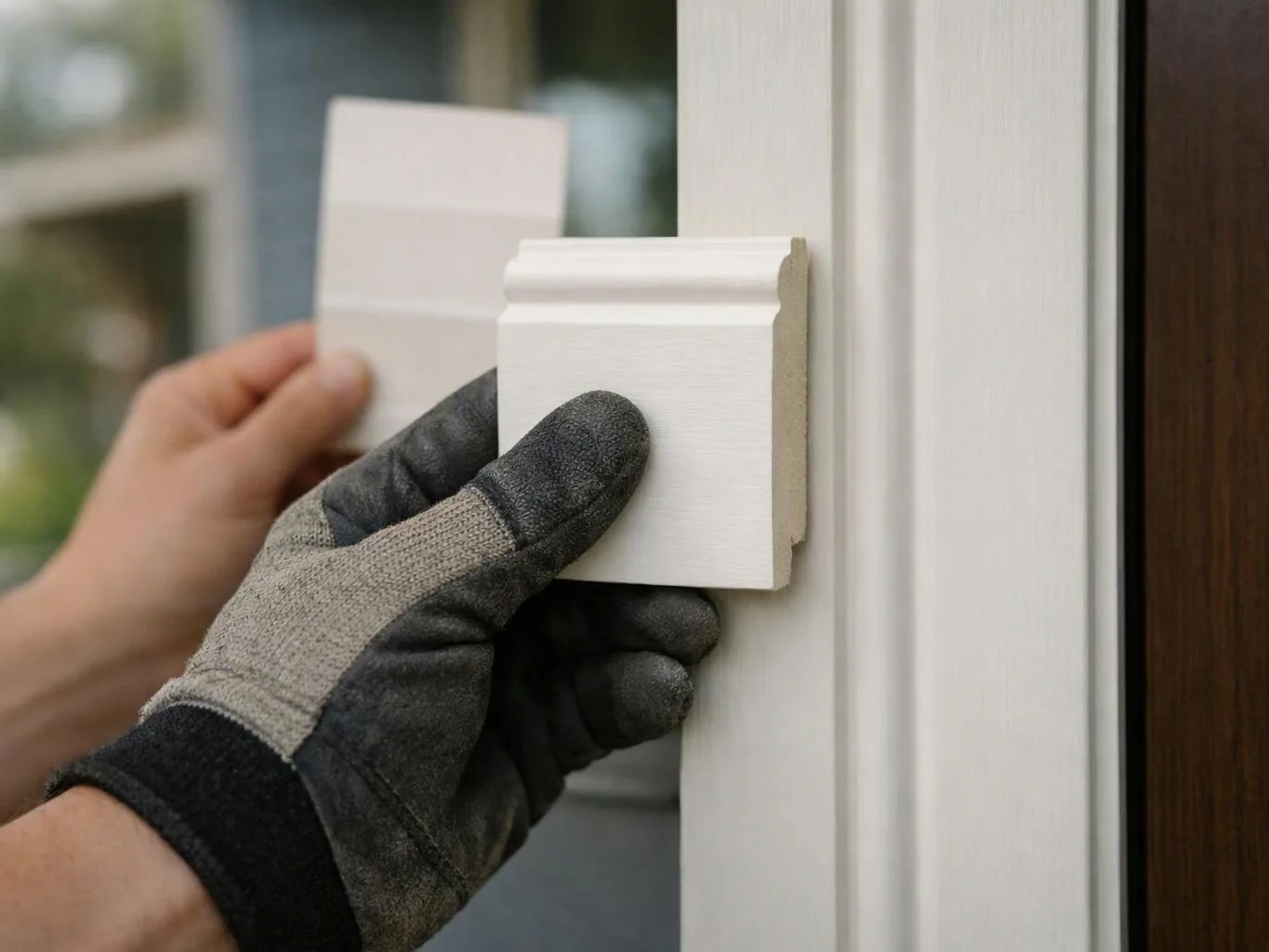 A gloved hand holds a white trim sample against a painted door frame outdoors