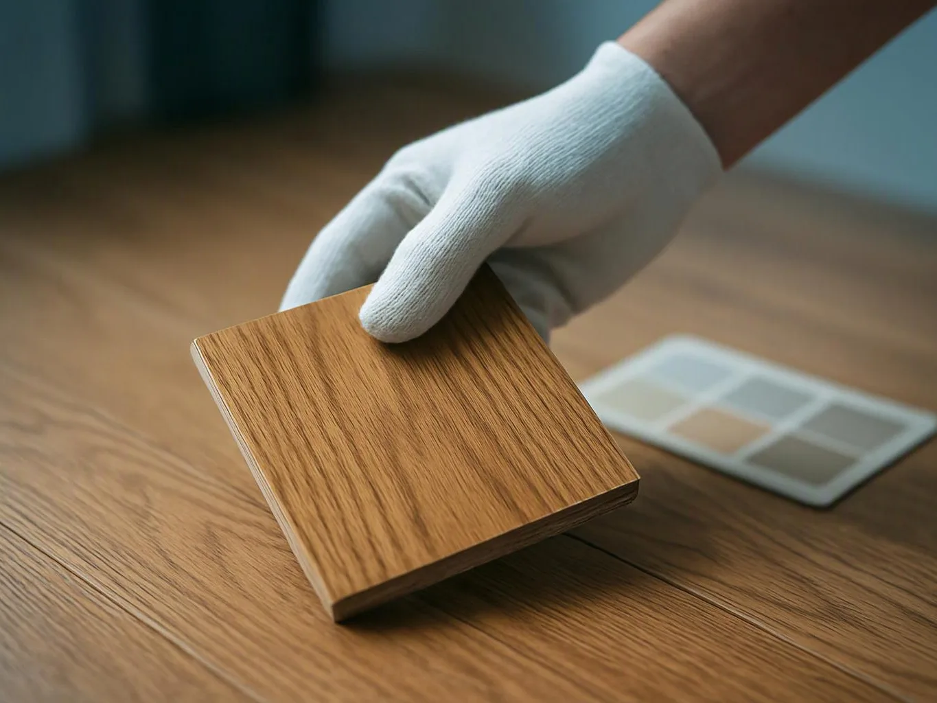A gloved hand holds a wood finish sample above a matching wooden floor, with color swatches behind it