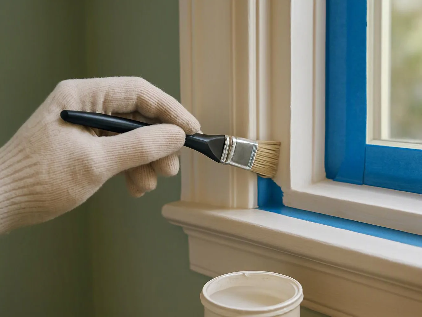 A gloved hand paints white trim around a blue-taped window with a small brush