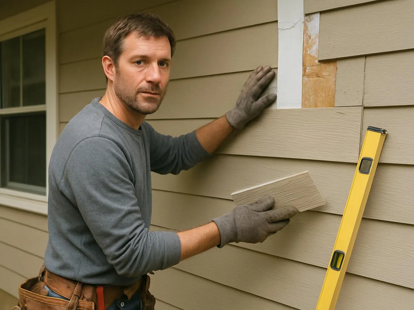 A gloved man installs beige siding on a house wall beside a yellow level