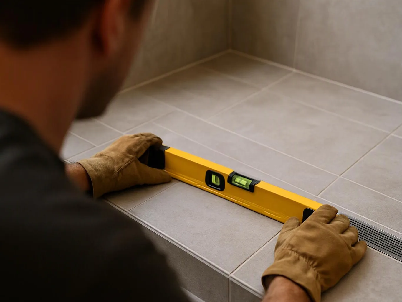 A gloved person checks a yellow spirit level on a tiled ledge in a room