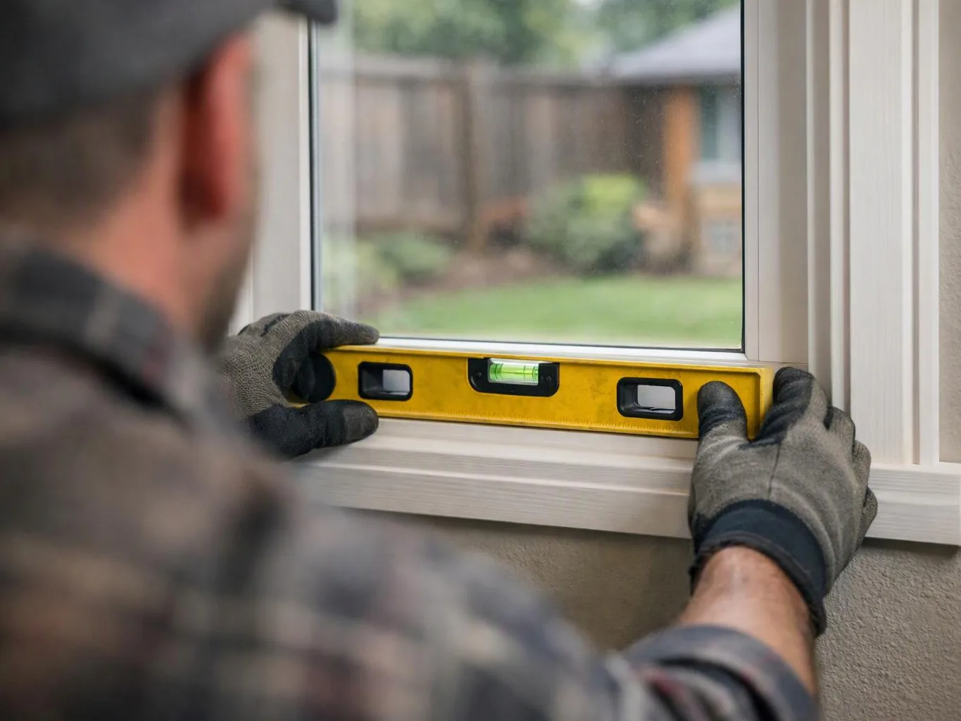 A gloved worker holds a yellow spirit level against a window frame indoors