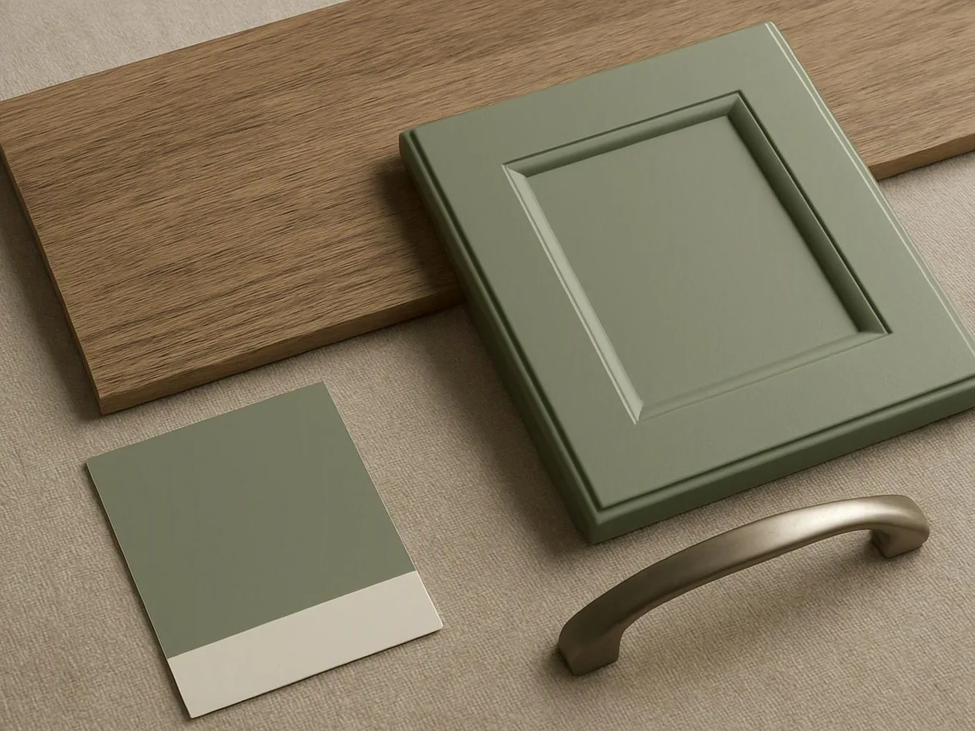 A green cabinet door, wood panel, color sample, and curved metal handle lie on beige fabric background
