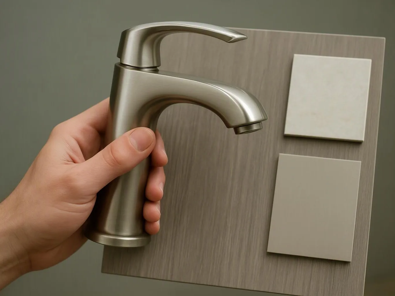 A hand holds a brushed metal faucet sample beside two square finish swatches on a wood board