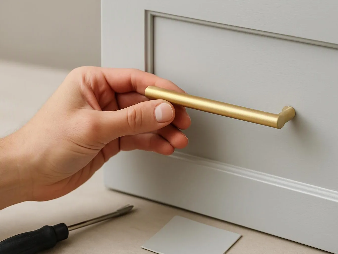 A hand holds a gold drawer pull on a white cabinet while a screwdriver rests below