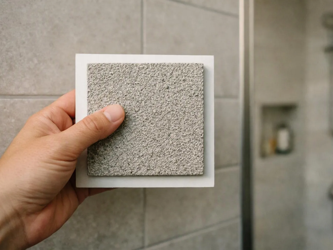 A hand holds a gray textured tile sample in front of a tiled wall and shower glass